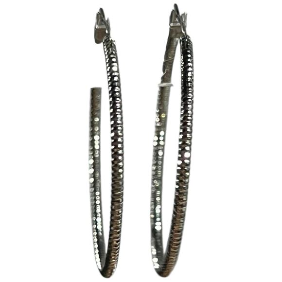 Vintage Silver-Tone Large Hoop Earrings – Textured Pierced Hoops - Picture 6 of 10